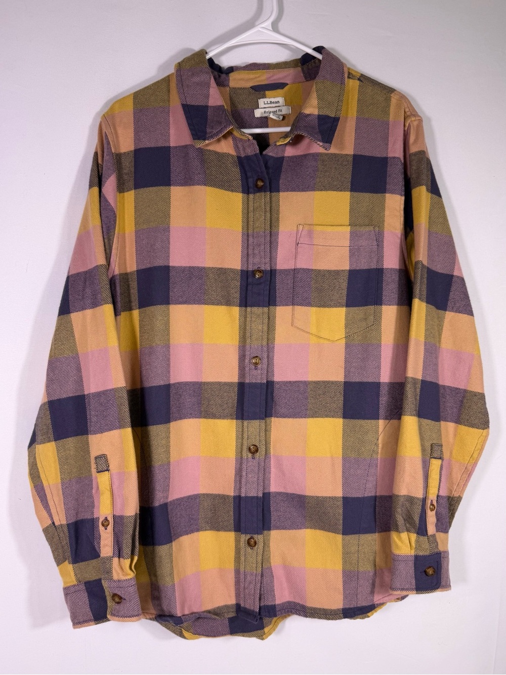 L.L.Bean Plaid Flannel Shirt Jacket Pink Mustard Pockets Womens XL